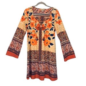 One World Flare Sleeved Floral BoHo Hippie Tunic Dress Size Small